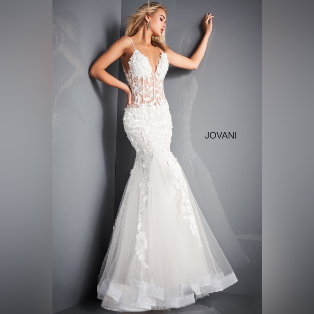 Jovani 02841 Dress. Beautiful White Lace Mermaid Gown.